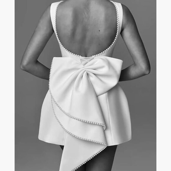 Red Satin Holiday Mini Dress with Pearl Trim and Bow Medium - Picture 9 of 9